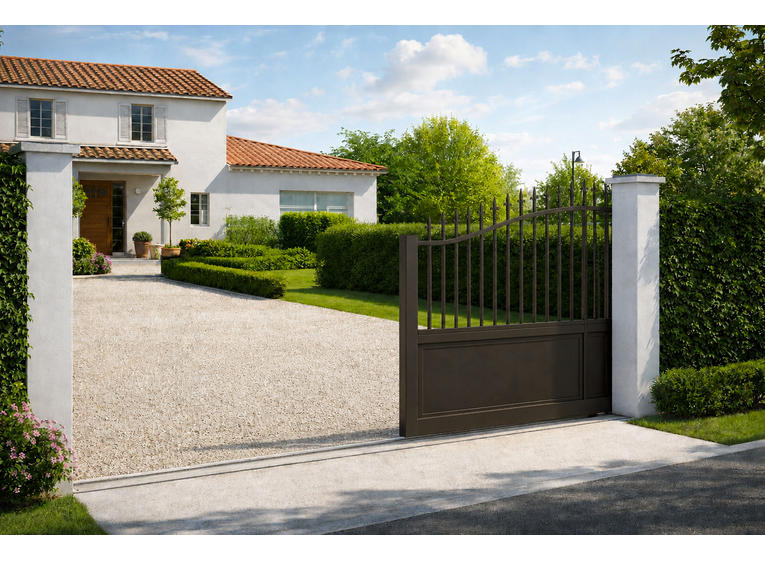 Portail coulissant aluminium traditionnel sur mesure devant maison