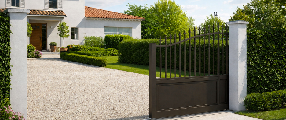 Portail coulissant aluminium de style traditionnel semi-ajouré
