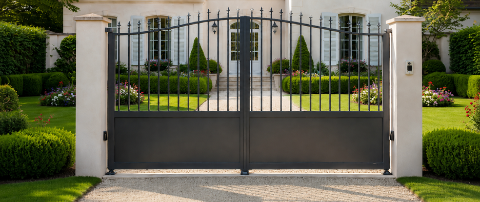 Portail battant aluminium de style traditionnel avec forme chapeau de gendarme