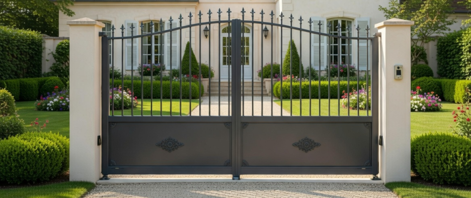 Portail battant aluminium de style traditionnel avec forme chapeau de gendarme